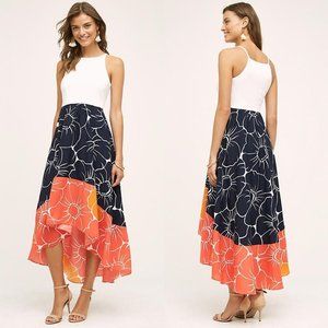 ANTHROPOLOGIE Peachy High-Low Dress Midi Floral Navy Orange White Halter NEW